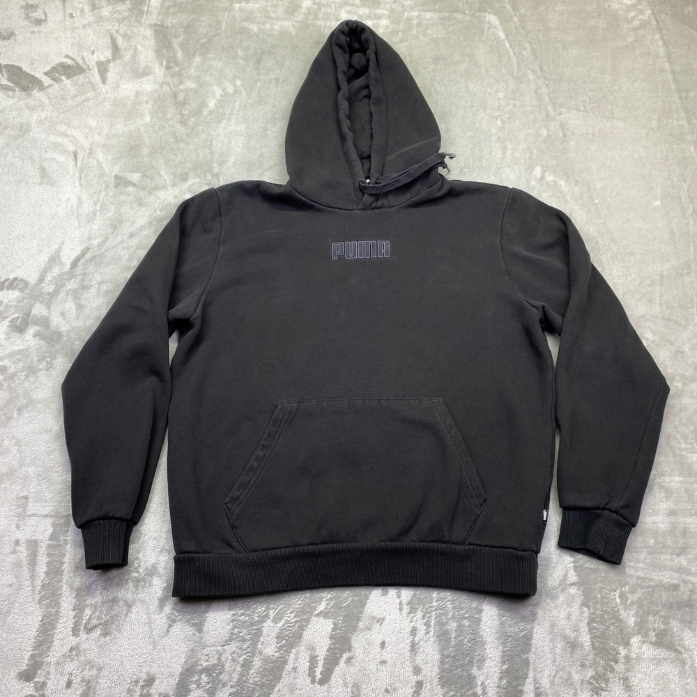 Puma Black Hoodie Sweatshirt Mens Sz M Logo Front Pocket Hooded Pullover 671688